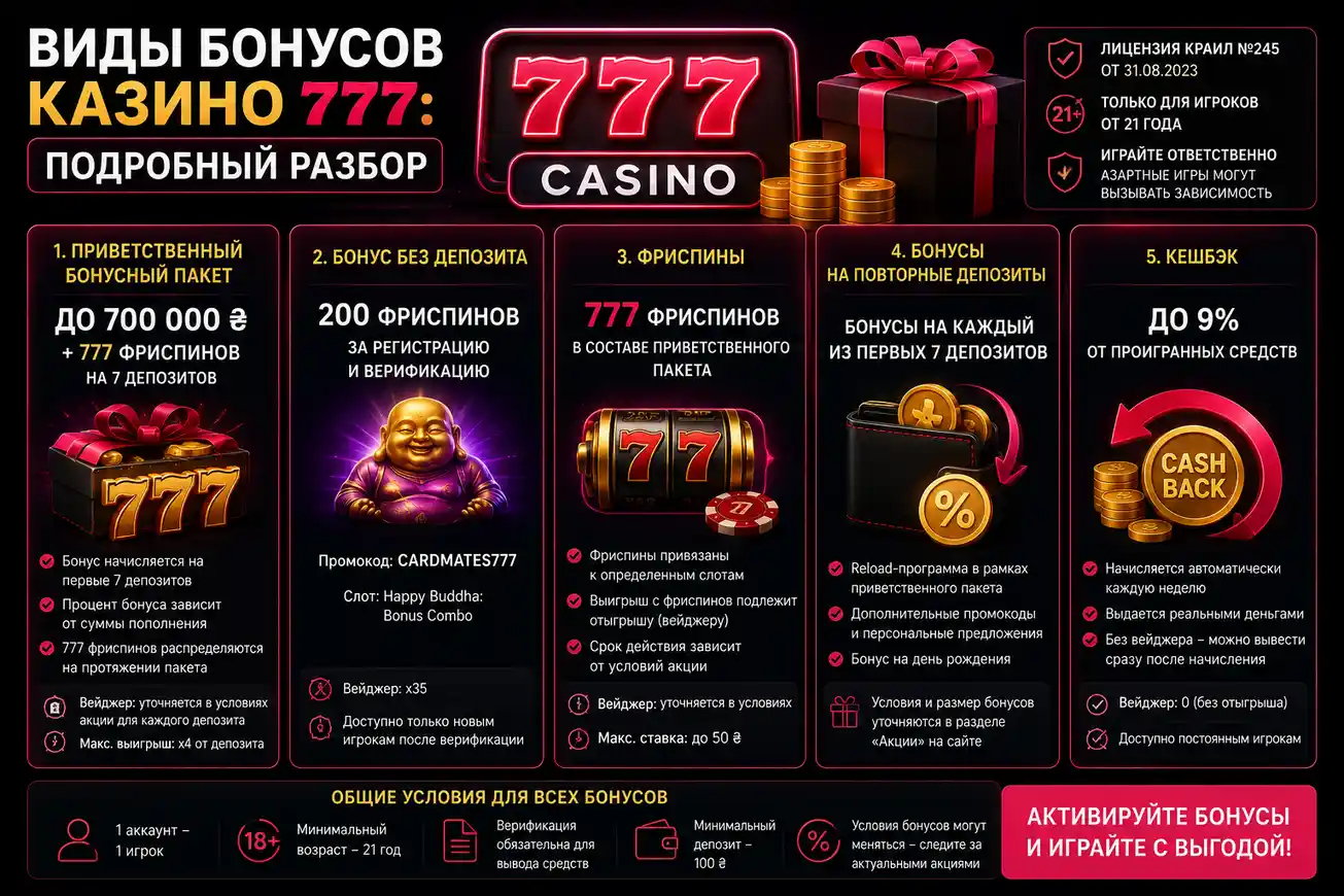 Виды бонусов казино 777: подробный разбор